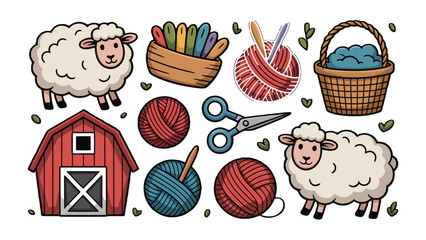 Crafting Delights: An array of adorable sheep alongside various materials for knitting, including yarn, scissors, and other crafting essentials, all within a lovely barn. 