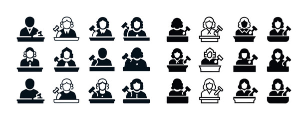 Judge icon set with diverse male and female silhouettes in courtroom attire with gavels