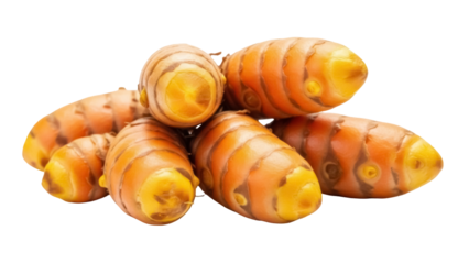 Pile of fresh turmeric roots isolated PNG on transparent background, vibrant orange rhizomes for cooking and healthy lifestyle