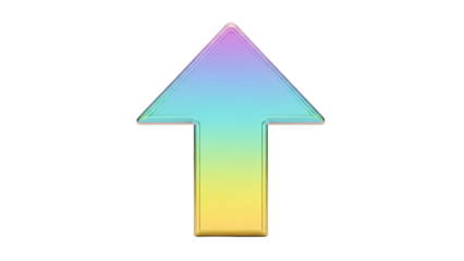 Iridescent up arrow PNG isolated on transparent background, colorful direction pointer for graphic design and web use