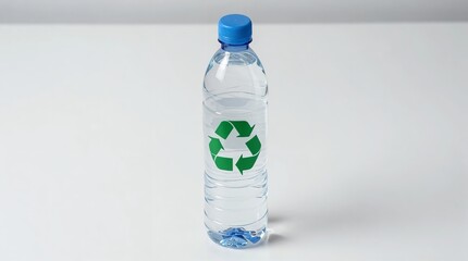 A clear plastic water bottle with a blue cap and a green recycling symbol on a white background