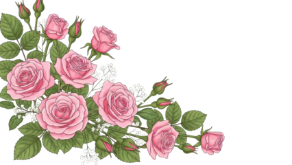 Set of floral branch. Flower pink rose, green leaves. Wedding concept with flowers. Floral poster, invite. Vector arrangements for greeting card or invitation design