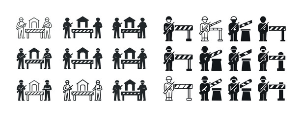 Set of construction worker icons with safety barriers and equipment