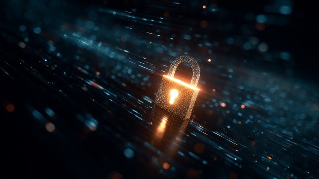 Glowing padlock symbolizing secure digital data transmission in a cyber environment. - Powered by Adobe
