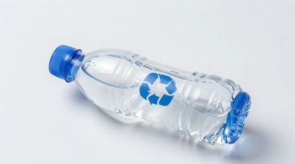 A clear plastic water bottle with a blue recycling symbol lies on a white surface
