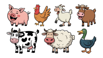 Fototapeta premium Farm Animals Cartoon: A delightful illustration showcases a diverse collection of charming farm animals, each radiating individual character and vibrant appeal.
