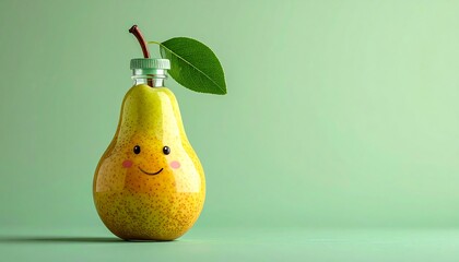 Happy Pear with Leaf on Green Background.