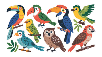 Fototapeta premium Colorful Avian Companions: A captivating illustration showcases an assortment of vibrant and exotic birds, each flaunting its own unique plumage and charm.