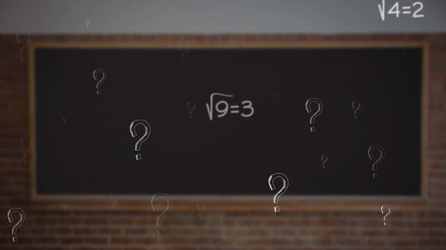 Multiple question mark symbols and mathematical equations floating against blackboard in background