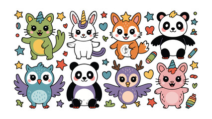 Obraz premium Whimsical Animal Collection: A delightful assortment of cute, cartoon animals, each with unique features and captivating expressions. Set against a playful background.