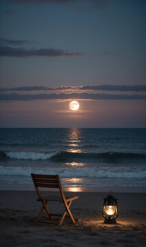 Stille Nacht am Meer &mdash; leerer Stuhl im Mondlicht mit warmer Laterne