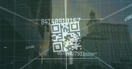 Animation of qr code and numbers over cityscape - Powered by Adobe
