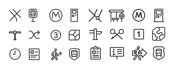 Minimalistic subway and metro icon set in black line style