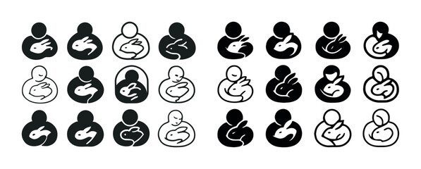 Naklejka premium Set of animal emblem icons featuring abstract rabbit and human silhouettes