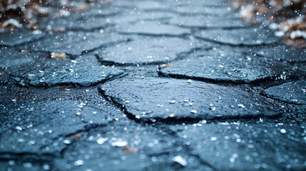 Rain falls on a stone pathway in a park during autumn with leaves scattered across the ground