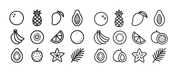 Set of fruit icons: pineapple, banana, kiwi, lime, papaya, coconut, mango, lychee, starfruit