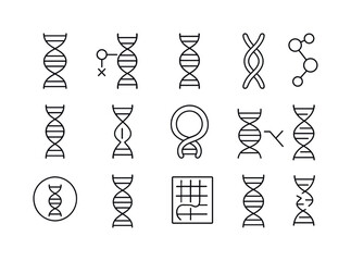 DNA Line Icons. DNA. Line icon set of DNA: double helix, nucleotide, gene strand, chromosome, base pair, replication fork, DNA loop, molecular bond, cell