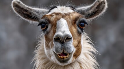 Obraz premium Close-up portrait of a llama with expressive eyes and a friendly demeanor, showcasing its unique facial features and soft fur texture against a blurred background, capturing the essence of this charmi
