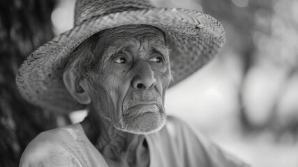 An elderly man wearing a large straw hat, reflecting on life from his rural farm setting.