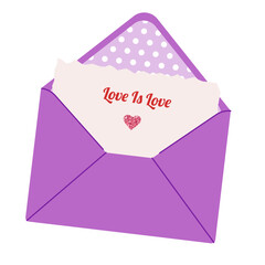 Simple open purple envelope with love romance letter. Digital illustration