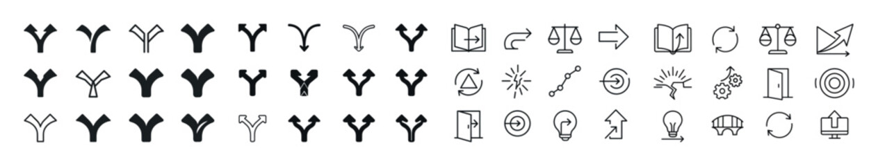 Collection of various directional and symbolic icons in black and white