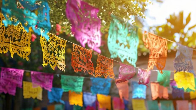 Handmade papel picado in bright colors, used for celebratory events and festivals.