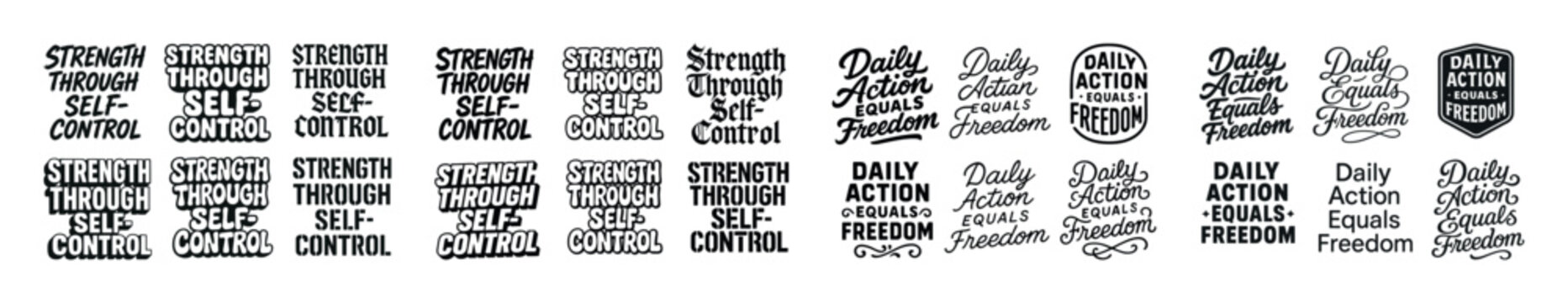 Motivational phrases in various stylized fonts and designs