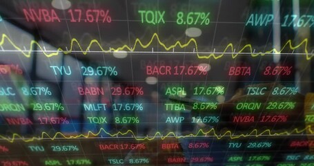 Animation of financial data and graphs over hands of caucasian man using smartphone - Powered by Adobe