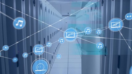 Animation of network of media icons exchanging data over computer server room - Powered by Adobe