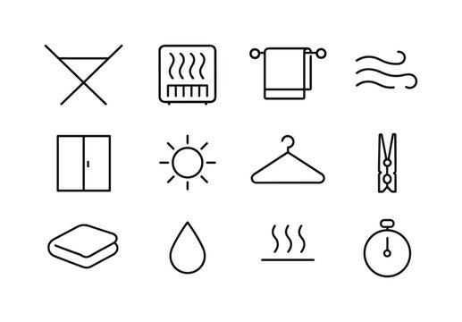 Home Drying Icons. Home drying. Line icon set of home drying: drying rack, heater icon, towel on bar, airflow lines, window frame, sunbeam icon, hanger,
