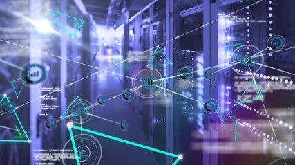 Animation of network of connections with icons and data processing over server room - Powered by Adobe