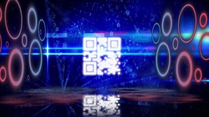 Animation of neon qr code scanner and data processing over blue light trail against black background - Powered by Adobe