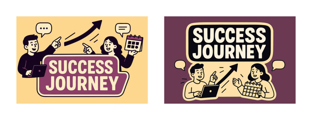 Animated success journey concept with asian male and female characters illustrating achievement