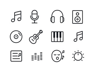 Music Icons Set. Song. Line icon set of Song: music note, microphone, headphones, speaker, vinyl record, guitar, piano keys, melody line, playlist icon,