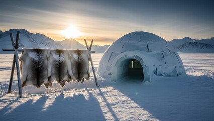 Arctic igloo and drying pelts under a bright winter sun, showcasing a traditional Inuit dwelling and survival methods in a frozen landscape