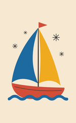 Fototapeta premium This playful image depicts a sailboat with contrasting blue and yellow sails gliding over calm waves, representing adventure, leisure, and nautical exploration.