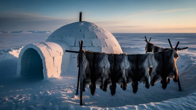 Arctic life Reindeer hides drying outside an igloo at sunset with calm sea in background