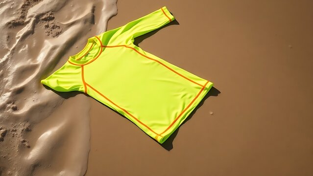 rashguard. Neon surf rashguard laid flat on wet sand, material stretched. lifestyle magazines, social media lookbooks, designed for lifestyle magazines and social media content.