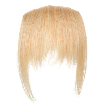 Light blonde straight hair bangs piece, PNG with alpha channel for hairstyle mockup and beauty retouching.