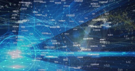 Animation of data processing and network of connections over cityscape - Powered by Adobe