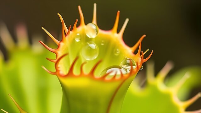 flytrap. Close-up of a Venus flytrap with open lobes and dewdrops on its inner surface in natural green tones. gardening catalogs, home-decor guides, designed for gardening and botanical catalogs.