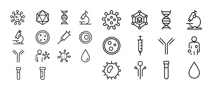 Medical science vector icons: microscope, dna, virus, syringe, test tube