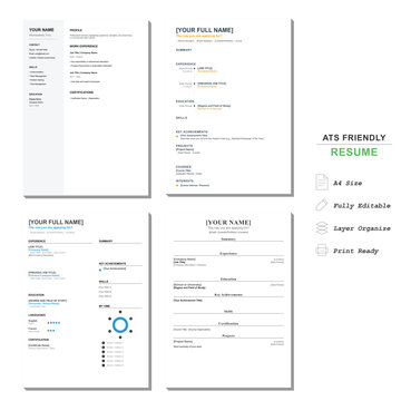 Minimalist ATS friendly resume template set. Professional CV layout for job application. Clean A4 print ready vector design bundle