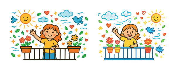 Obraz premium Cheerful young caucasian girl waving from balcony with flowers and sun in bright cartoon style