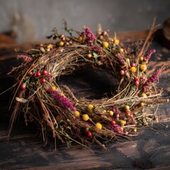 Naklejka premium Rustic Autumn Wreath on Distressed Wood 