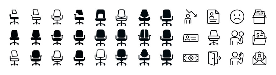 Set of office chair icons and business symbols in black and white
