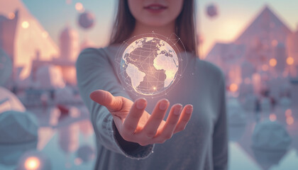 Fototapeta premium A woman holds a glowing globe in her hand with a cityscape in the background at sunset