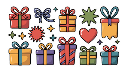 Colorful Gifts and Festive Decorations: A vibrant collection of gift boxes adorned with bows and ribbons, accompanied by decorative stars and a heart, perfect for conveying joy, celebrations.