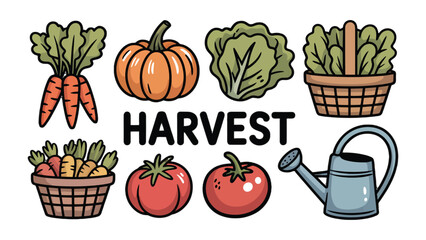 Harvest Bounty: A colorful illustration showcasing an assortment of freshly harvested vegetables and gardening tools, symbolizing abundance and the rewards of labor.