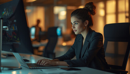 A focused businesswoman working on her laptop in a modern office environment at night